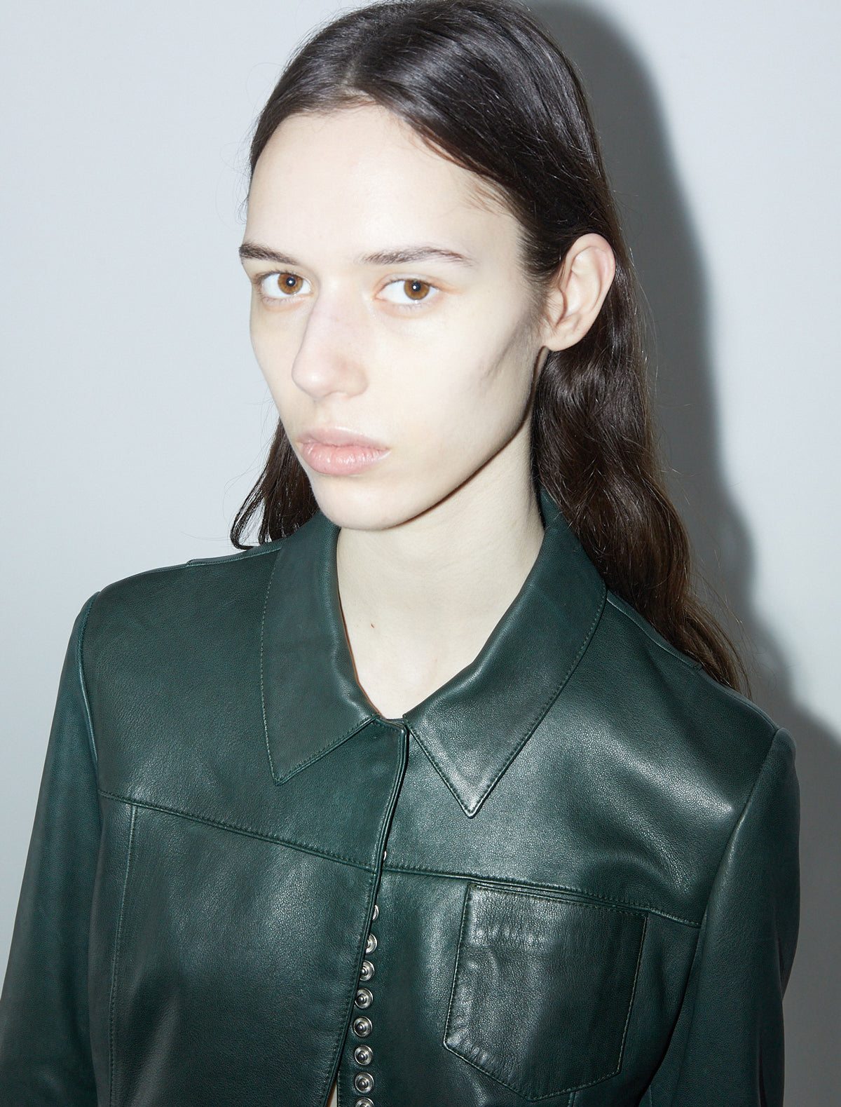 Octavia fitted leather jacket snap detailing hem cuffs