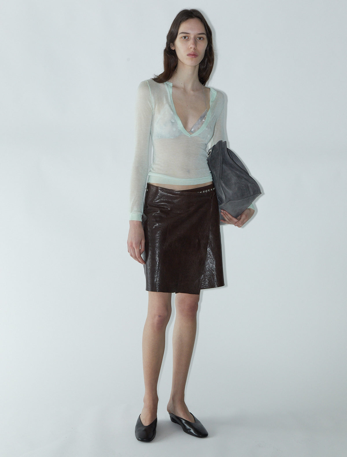 Sandi leather skirt waistband snaps brown