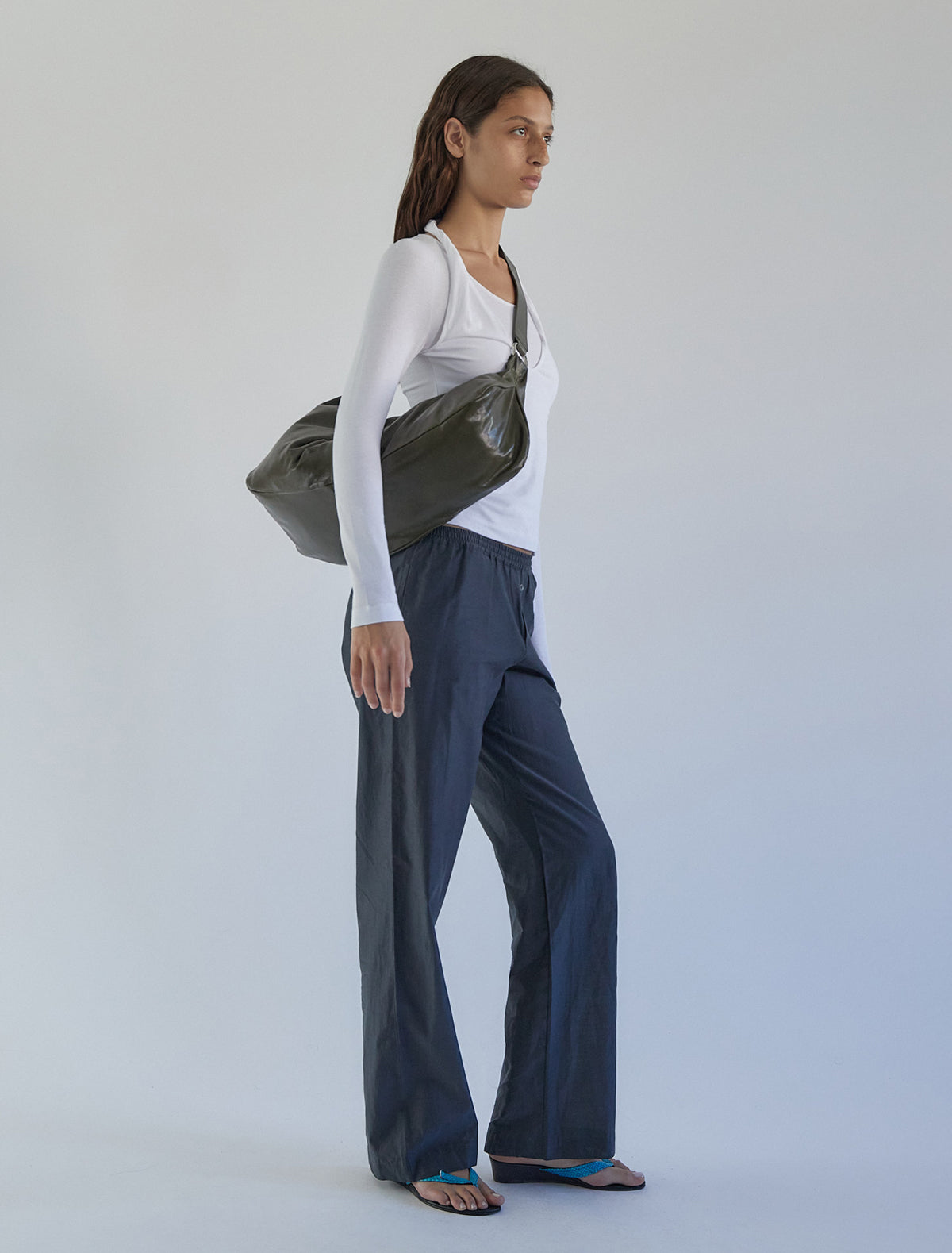 Dry elongated wrap around hobo style shoulder bag khaki
