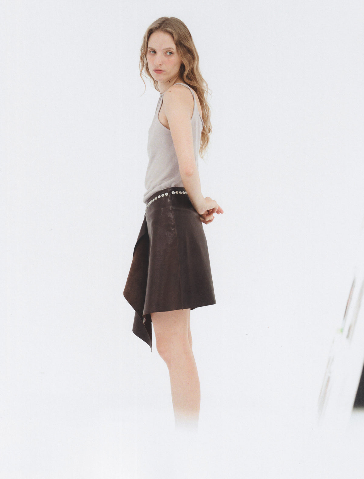 Sandi leather skirt waistband snaps brown