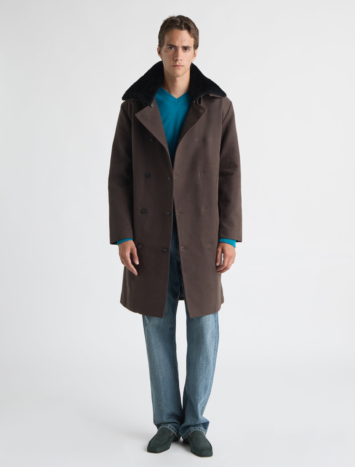 Lida twill coat removable lamb fur trim collar brown