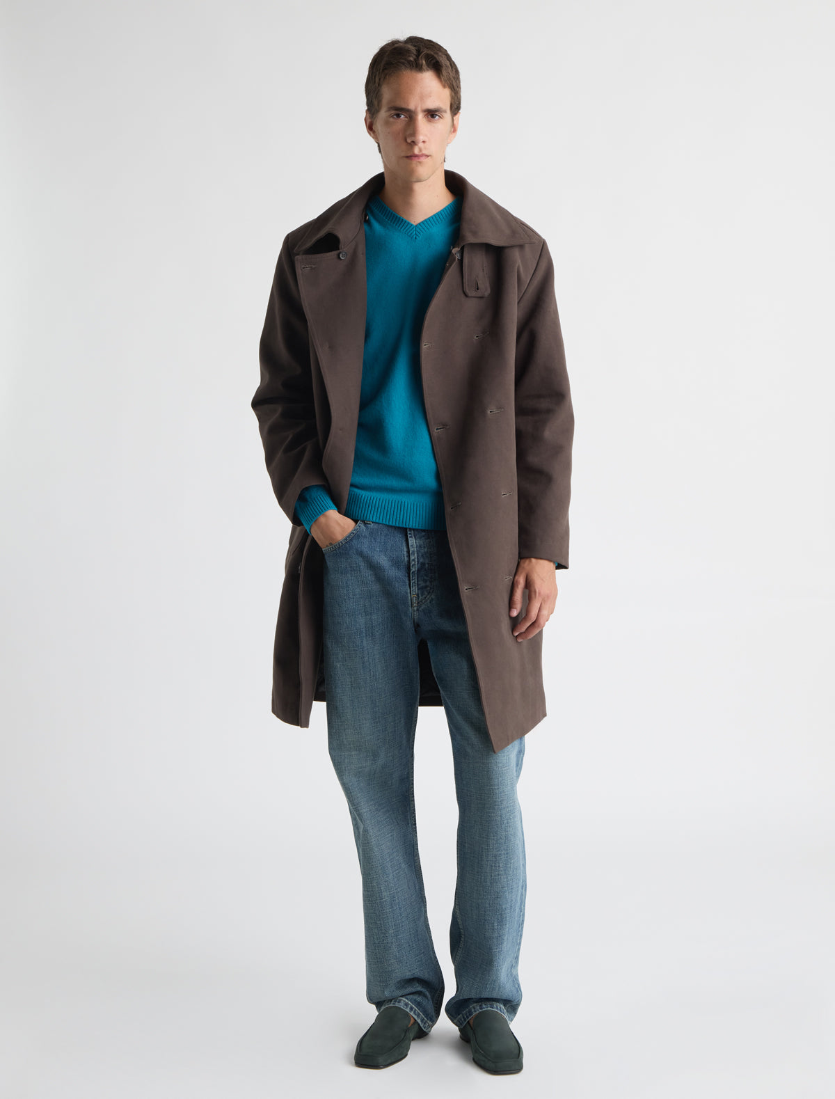 Lida twill coat removable lamb fur trim collar brown