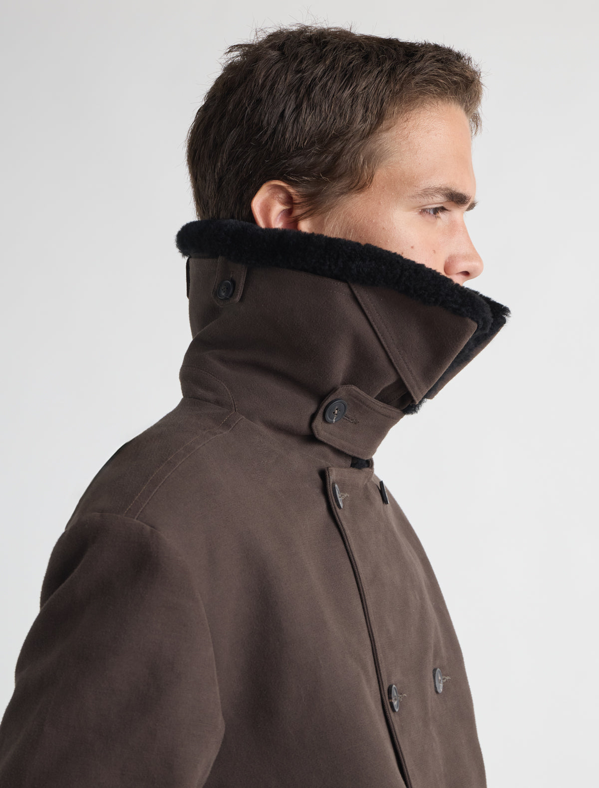 Lida twill coat removable lamb fur trim collar brown