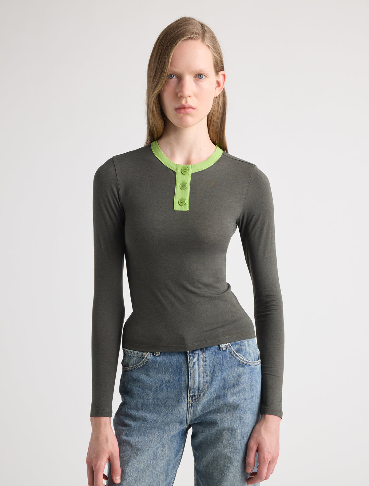 Alda long sleeve fitted cotton top button placket contrast piping khaki