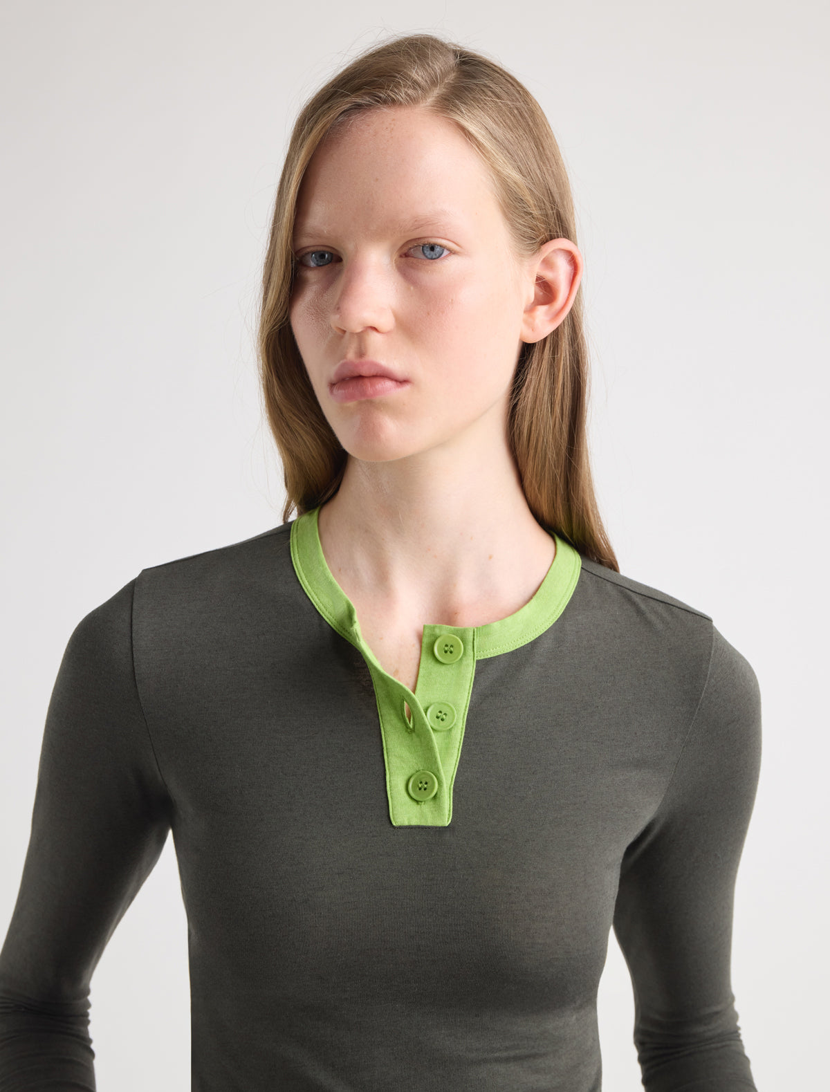 Alda long sleeve fitted cotton top button placket contrast piping khaki