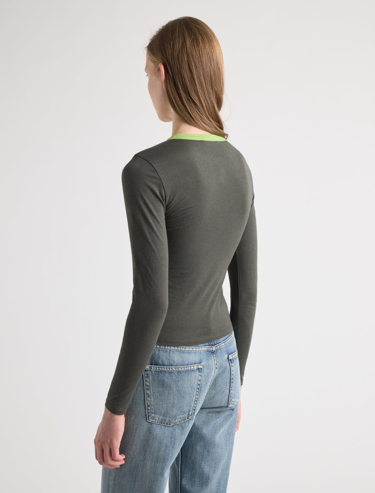 Alda long sleeve fitted cotton top button placket contrast piping khaki