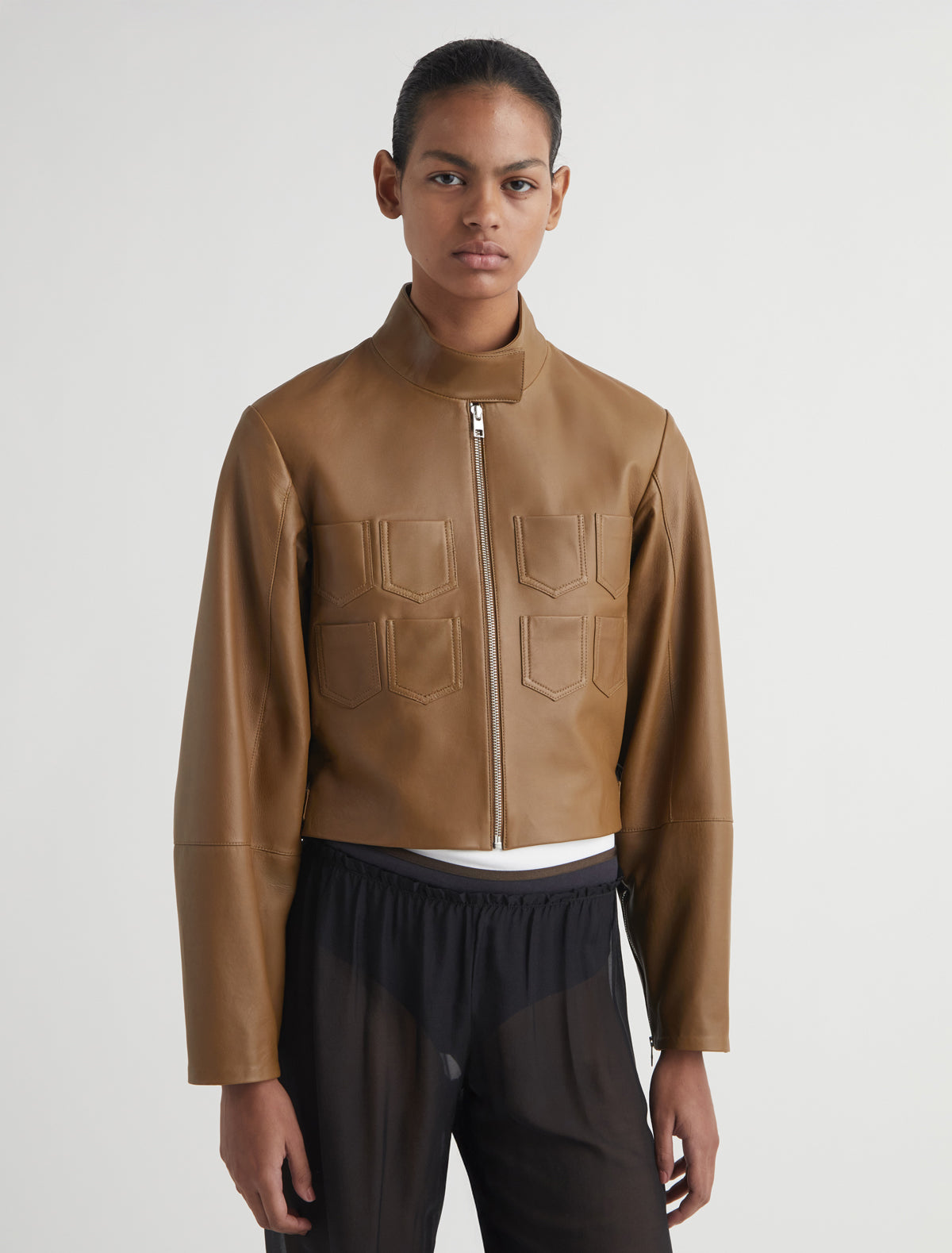 Aline cropped leather jacket mini chest pockets