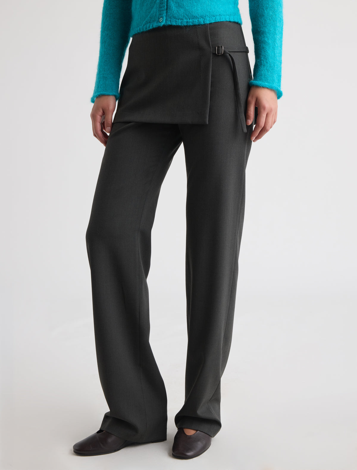 Archive straight leg pants attached mini hip skirt overlay darkgreen