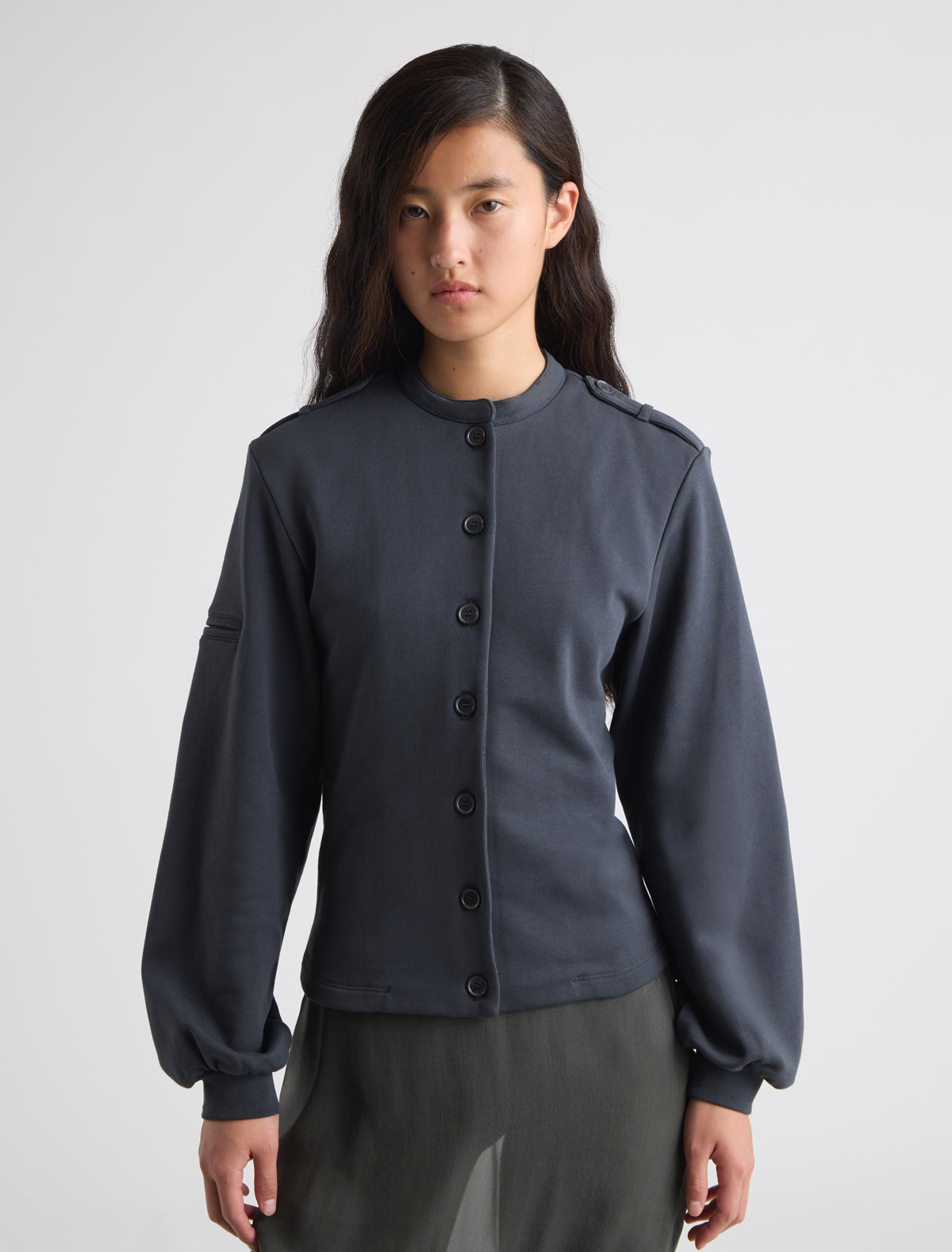 Bali fitted sweatshirt jacket puff sleeves buttoned epaulets shoulders navy