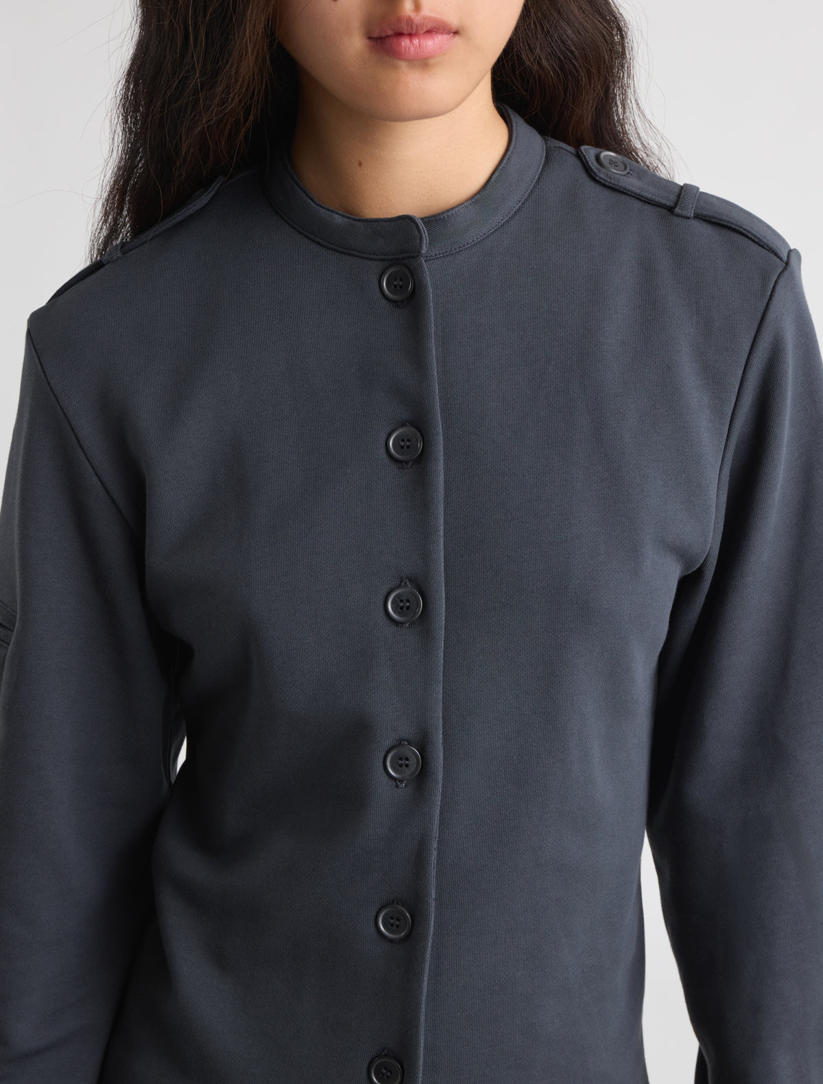 Bali fitted sweatshirt jacket puff sleeves buttoned epaulets shoulders navy