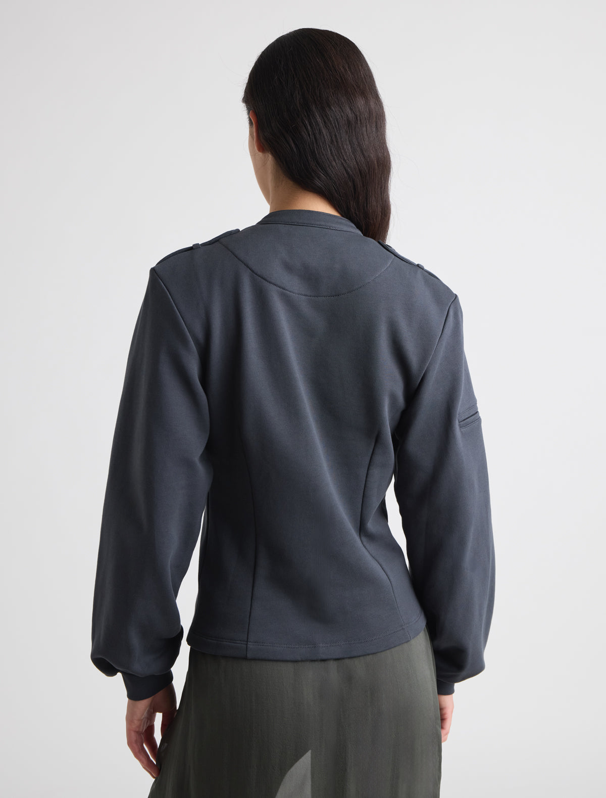Bali fitted sweatshirt jacket puff sleeves buttoned epaulets shoulders navy