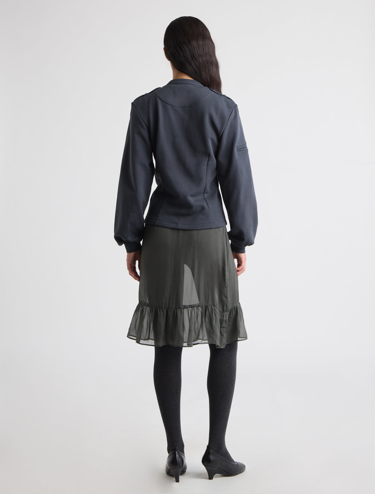 Bali fitted sweatshirt jacket puff sleeves buttoned epaulets shoulders navy