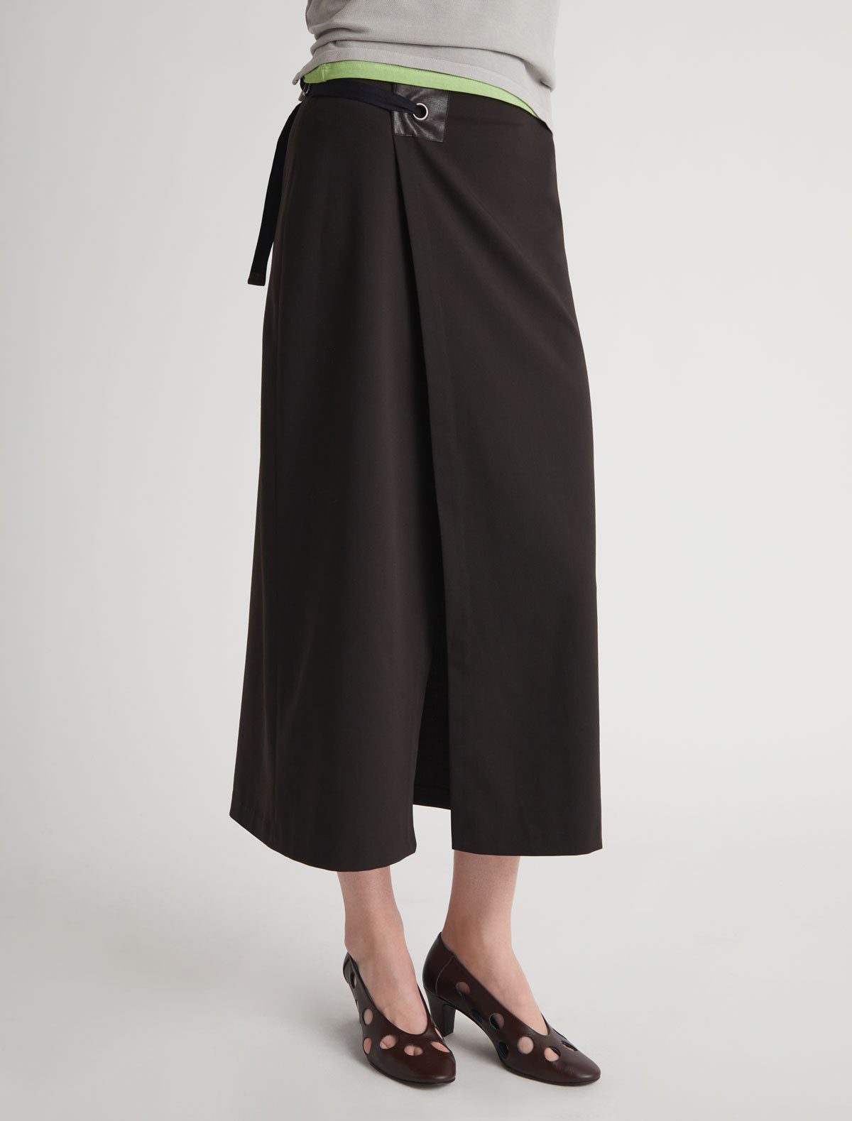 Blont long wrap style skirt leather tab eyelet detail