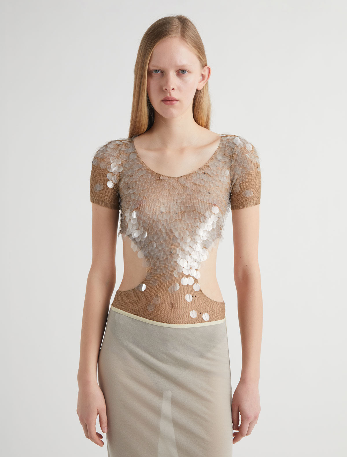 Aliere short sleeve triquini style bodysuit cut outs sequin