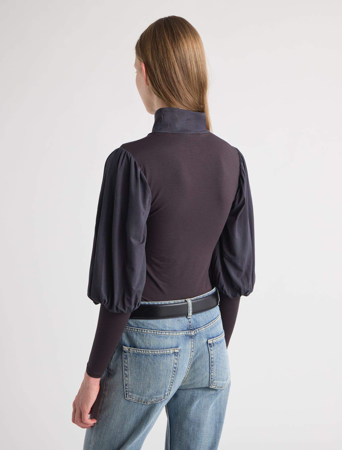 Bosk high neck long sleeve top puff sleeves small pleats shoulders