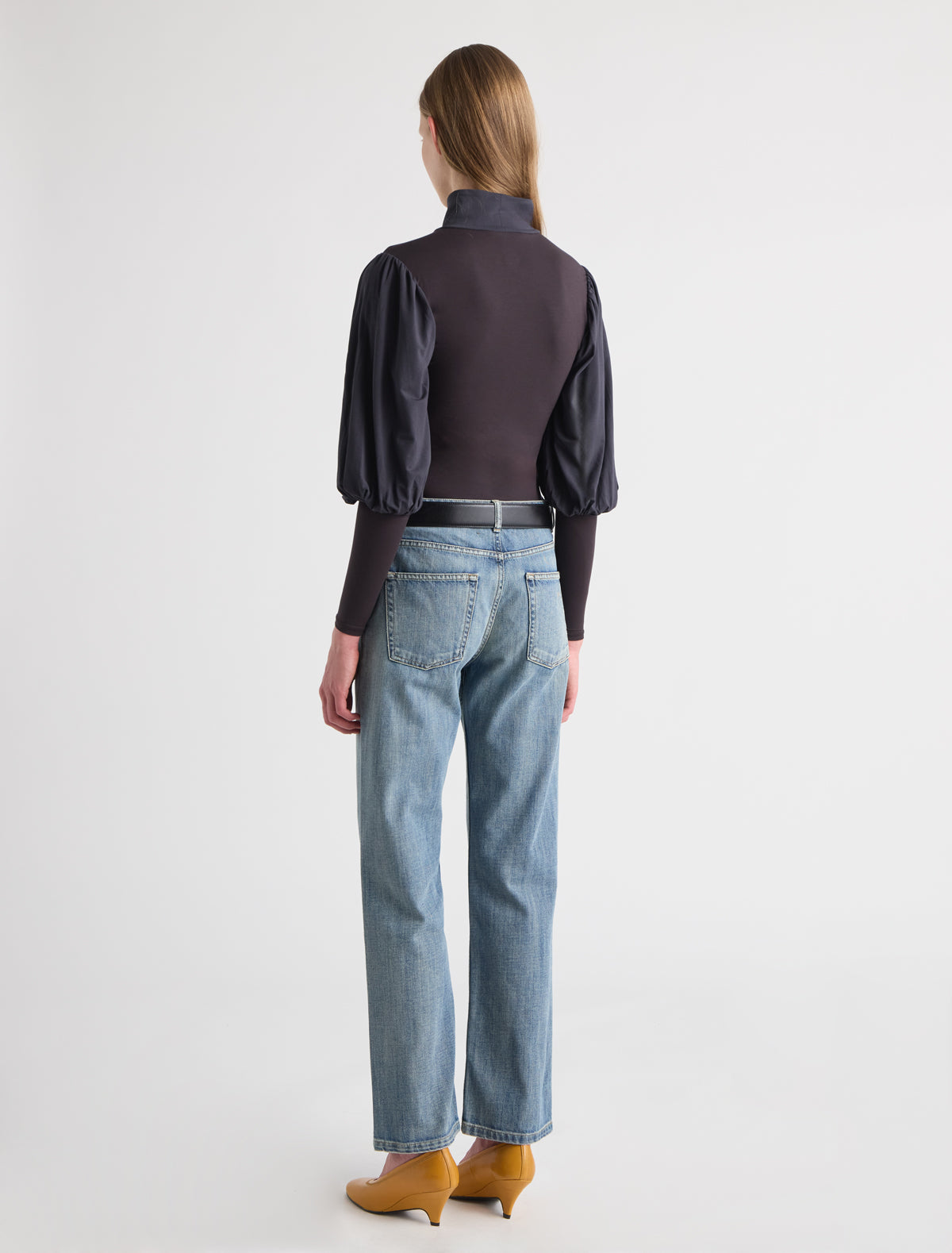 Bosk high neck long sleeve top puff sleeves small pleats shoulders