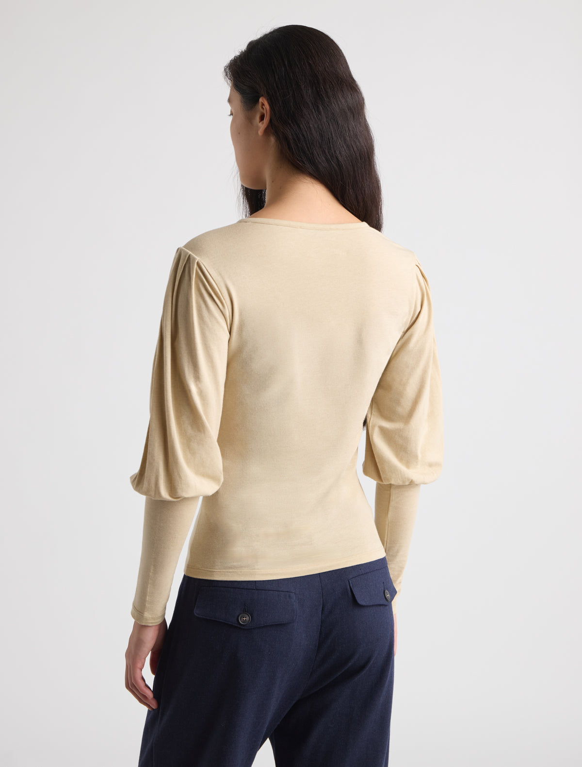 Rafaga top henley style neckline puff sleeves fitted hem beige