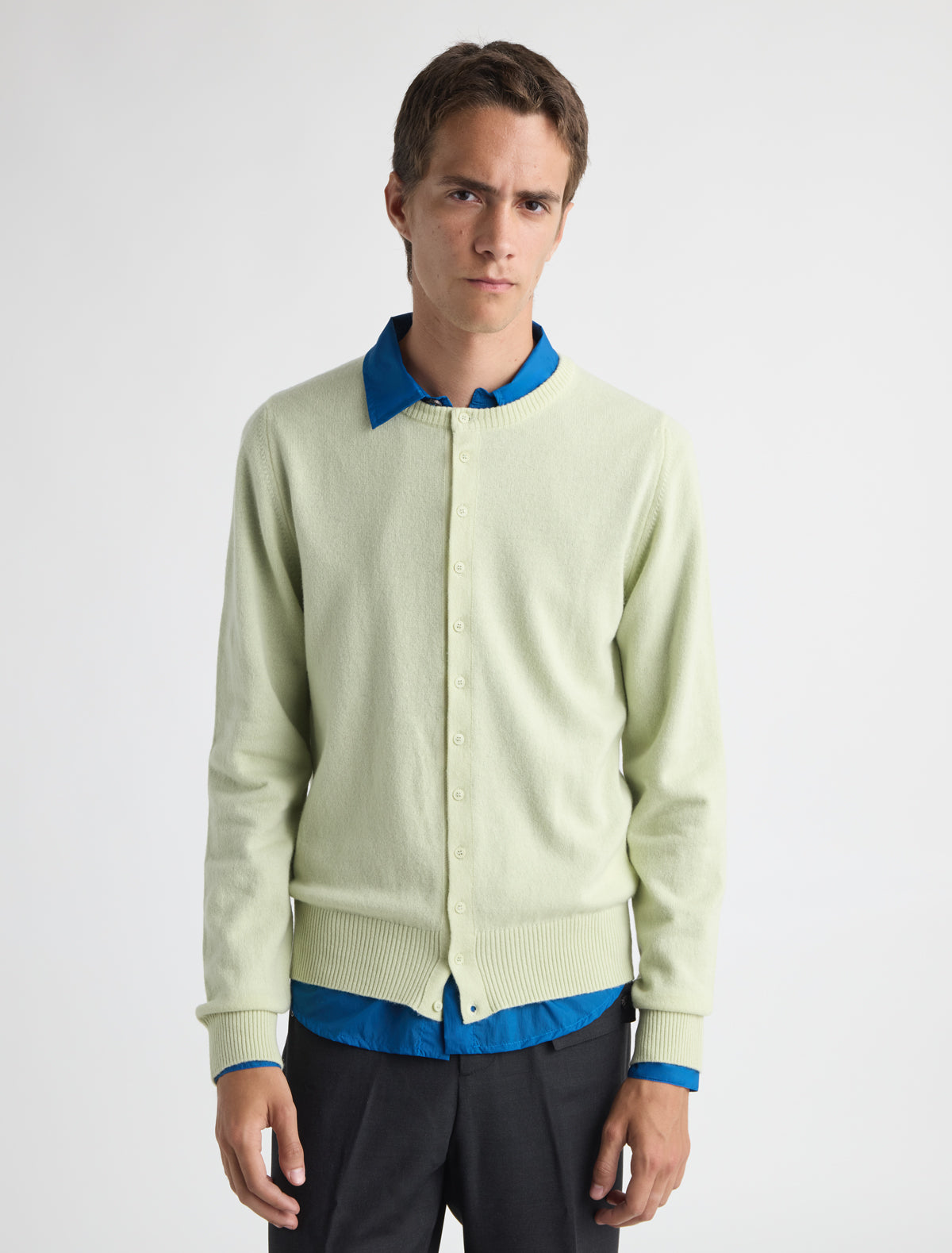 Anton men s cardigan central button fastening round neck green