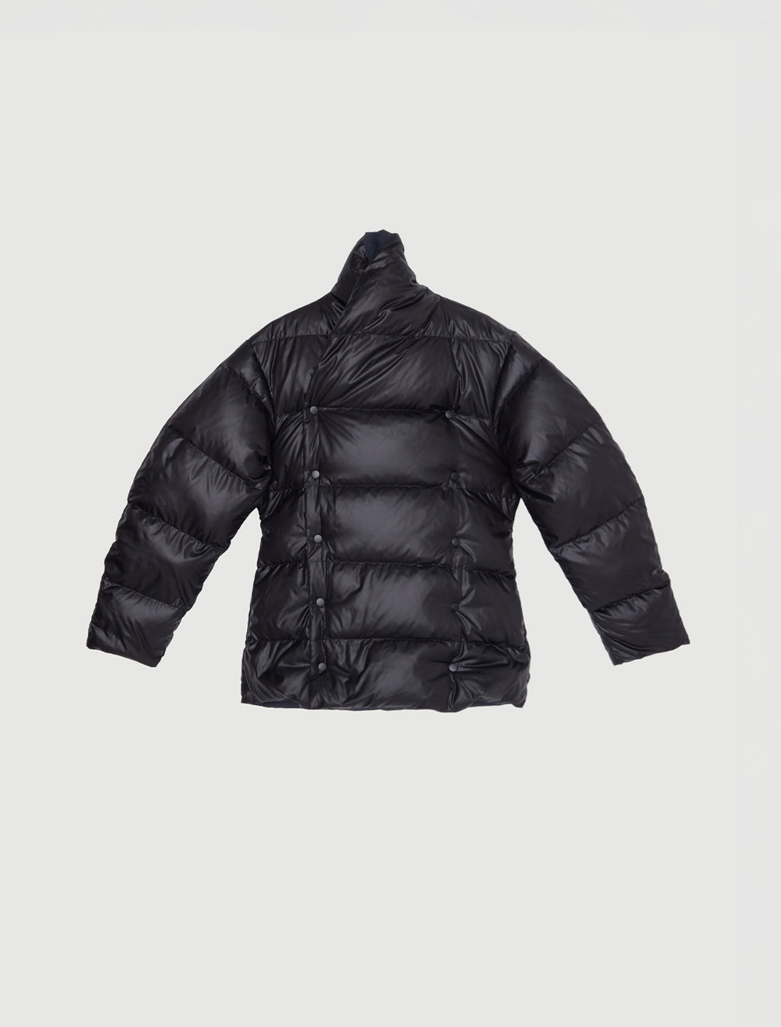 Alkaline reversible puffer jacket double breasted snap button voluminous sleeves black