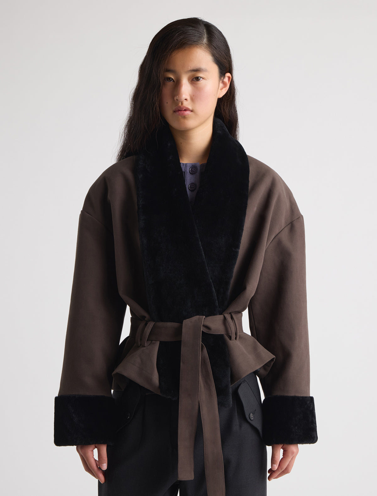 Fumi canvas coat non removable lamb fur cuffs brown