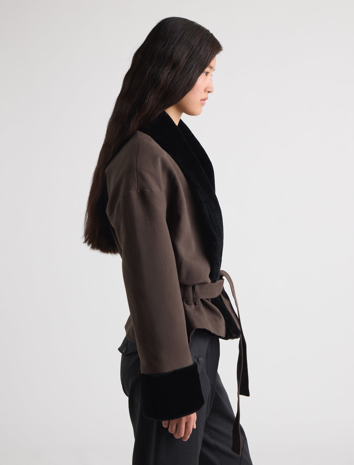 Fumi canvas coat non removable lamb fur cuffs brown