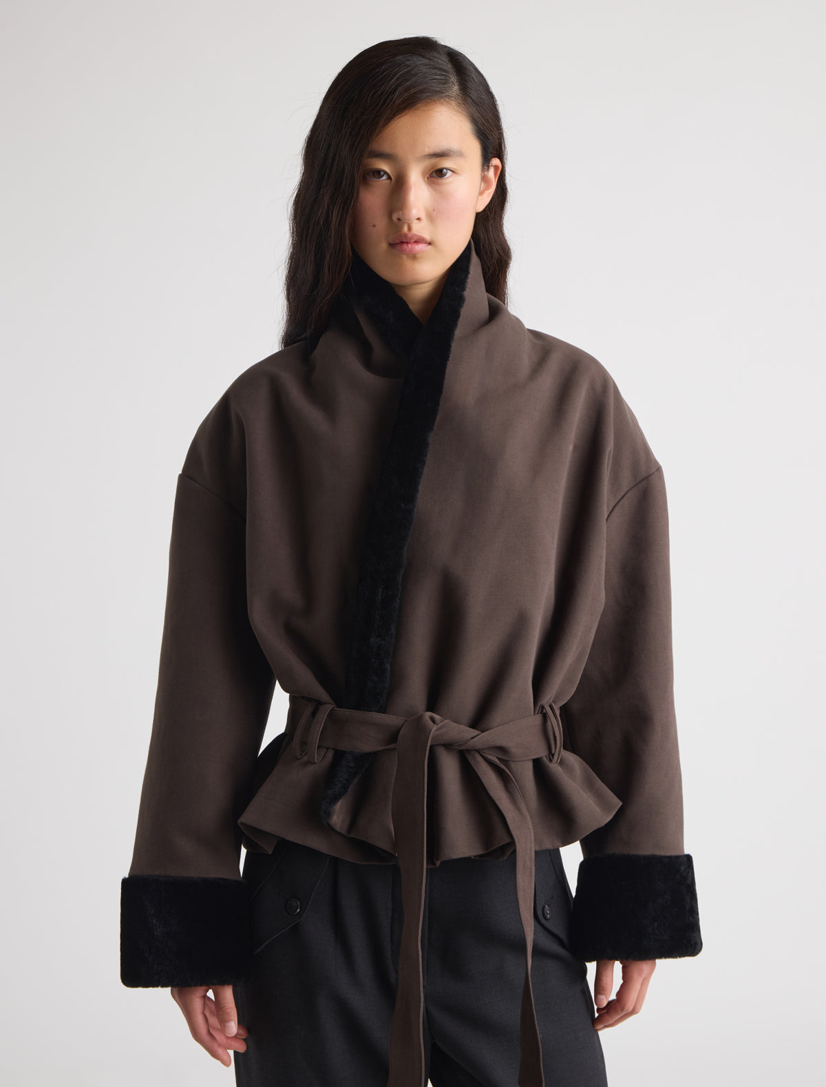 Fumi canvas coat non removable lamb fur cuffs brown