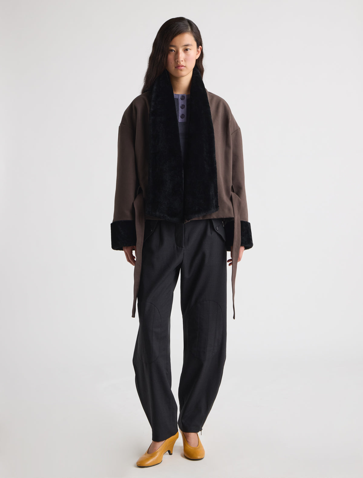 Fumi canvas coat non removable lamb fur cuffs brown