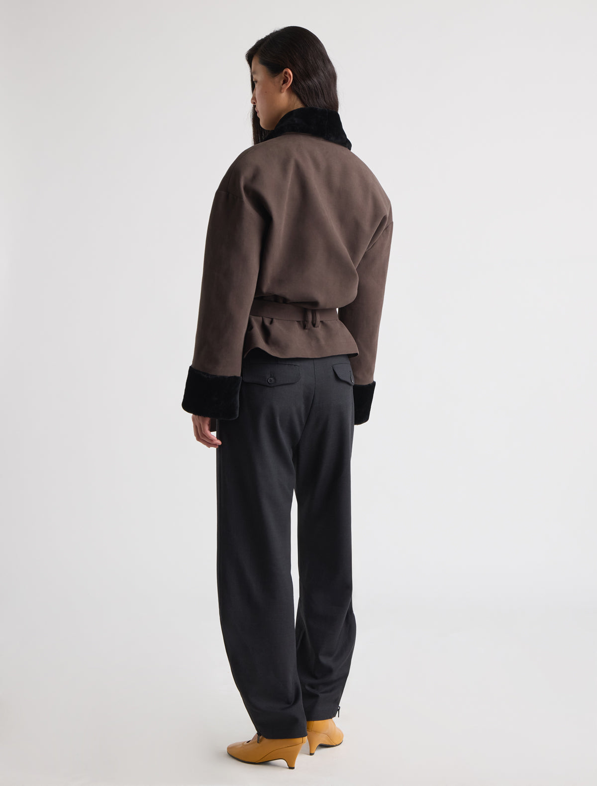Fumi canvas coat non removable lamb fur cuffs brown