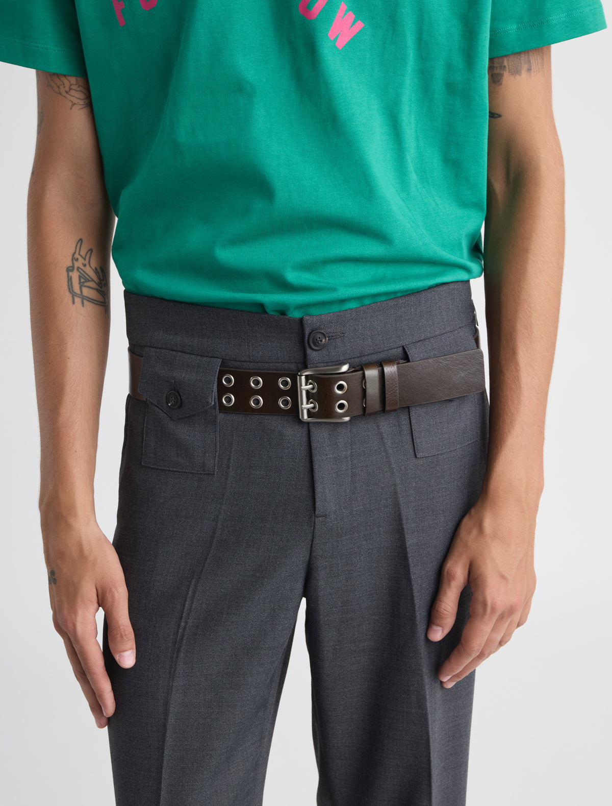 Nolen men s leather belt double prong buckle metal eyelets brown