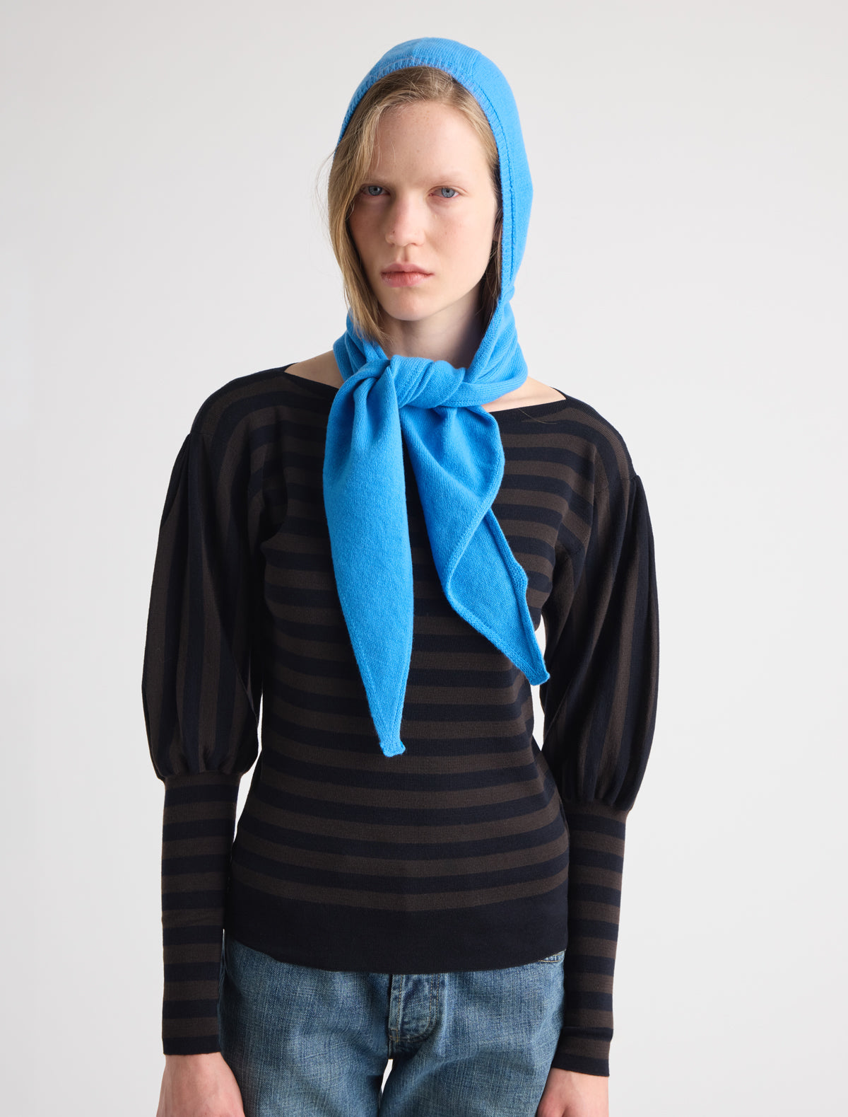 Coucou warm knitted bonnet wide tie scarf intenseblue