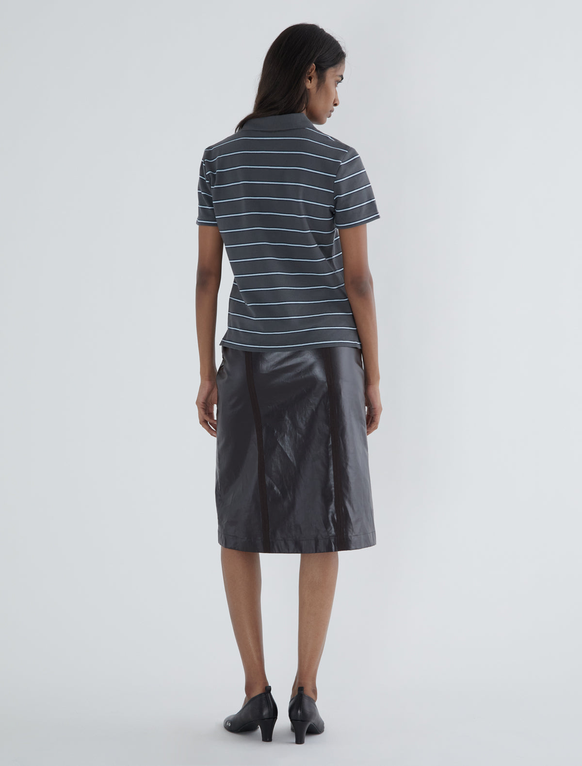 Julieta striped pique polo buttoned placket lower front grey