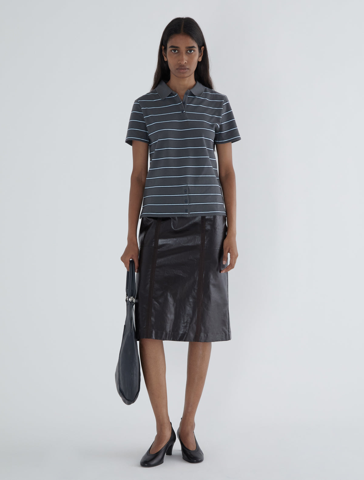 Julieta striped pique polo buttoned placket lower front grey
