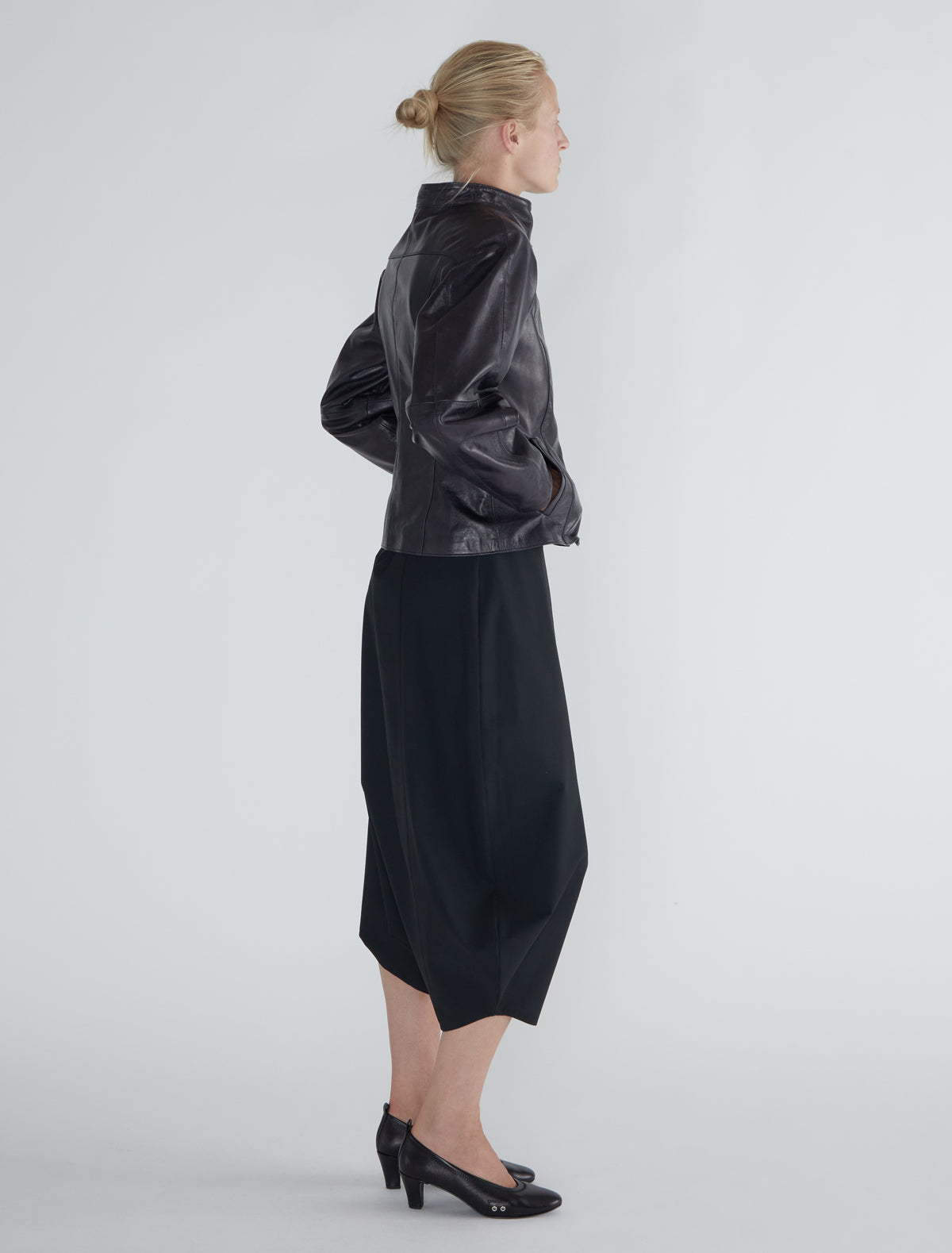 Plomy leather jacket crossover neckline metal buckle grey