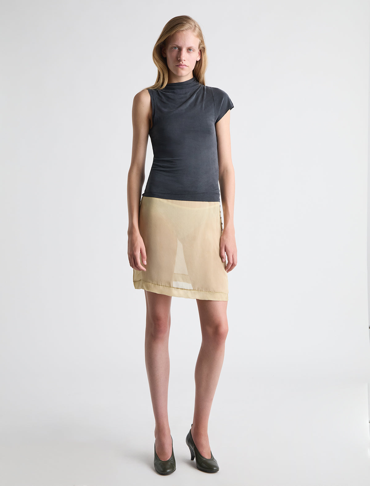 Enos straight silk skirt ruffle detail