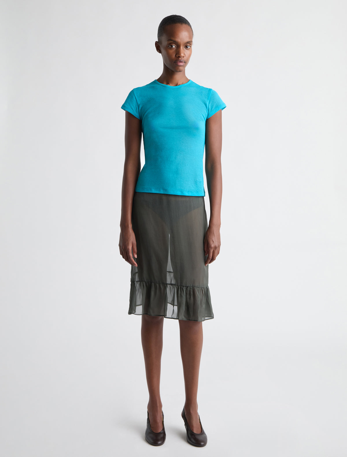 Bloo a line silk skirt ruffled hem darkgreen