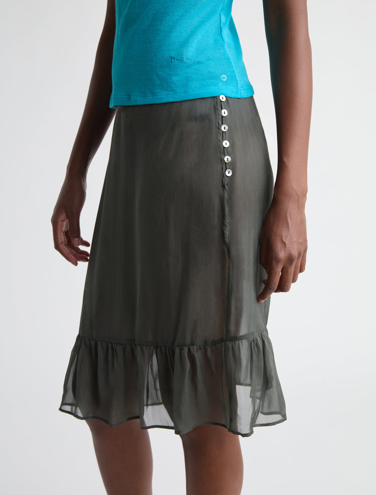 Bloo a line silk skirt ruffled hem darkgreen