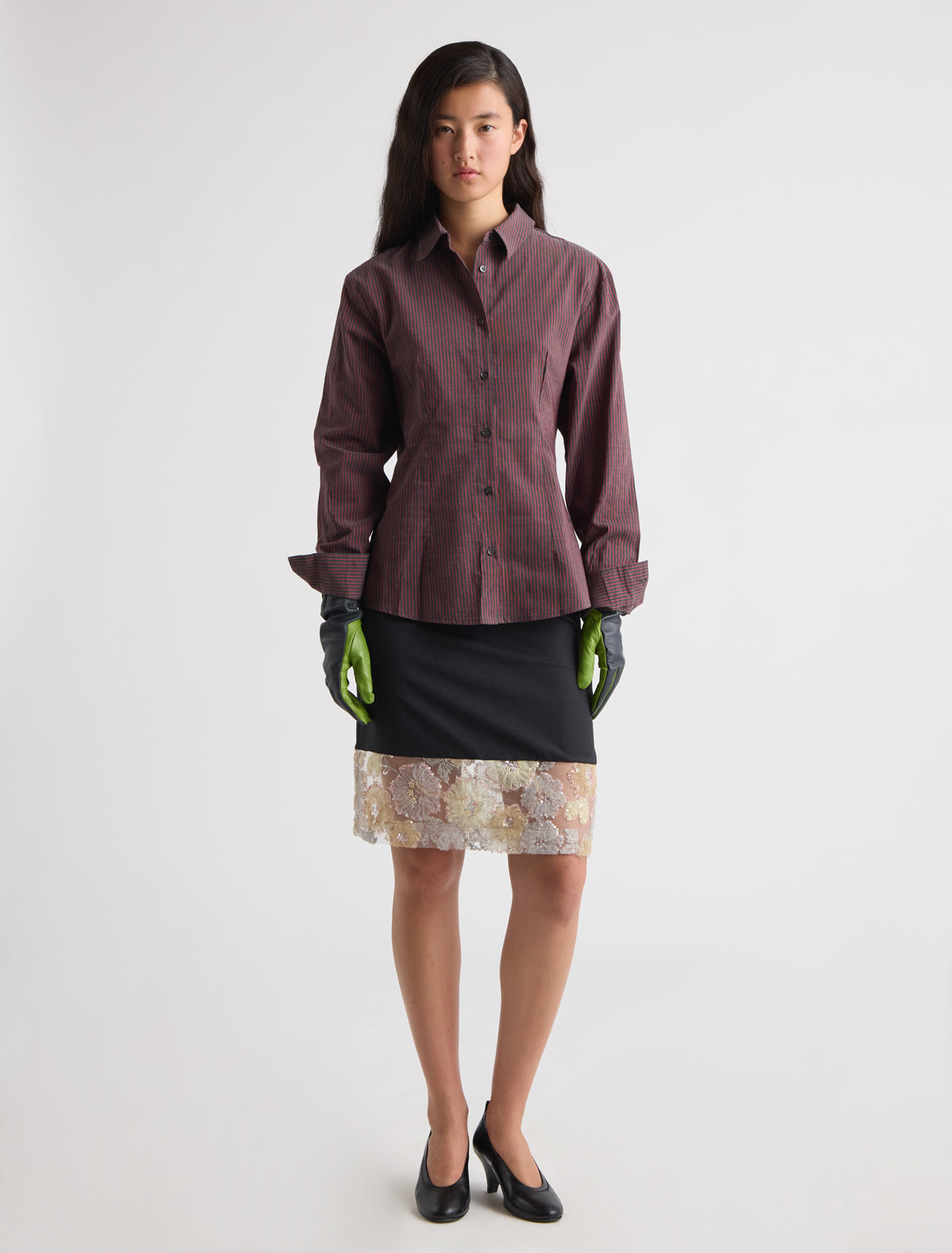 Sooka straight tailored skirt embellished panel hem grey