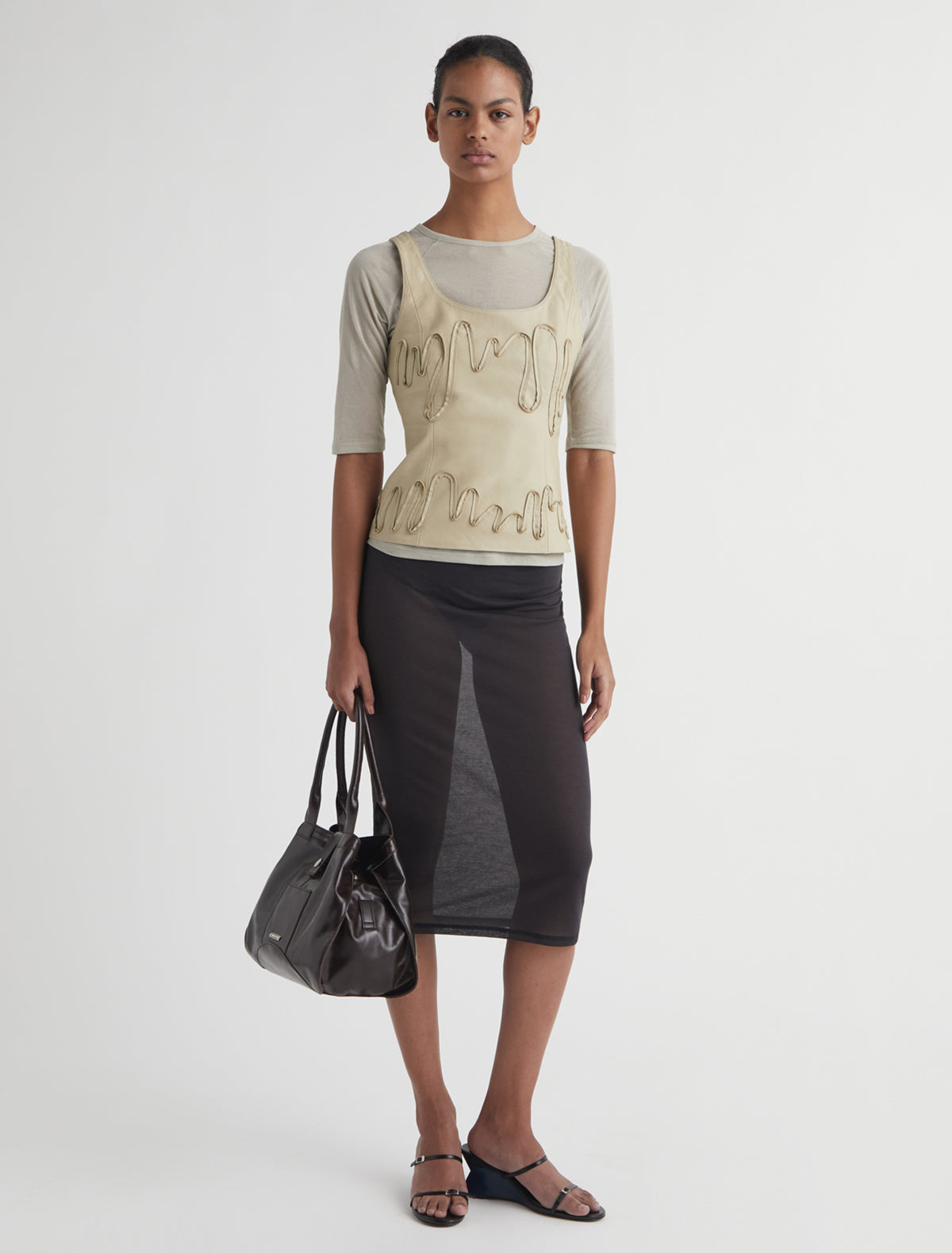 Fil top sleeveless top front embroidery leather strips