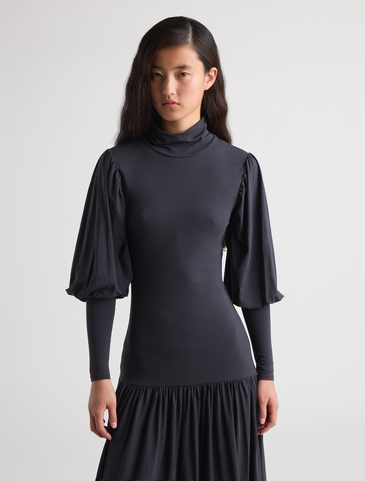 Gamool long high neck dress long puff sleeves