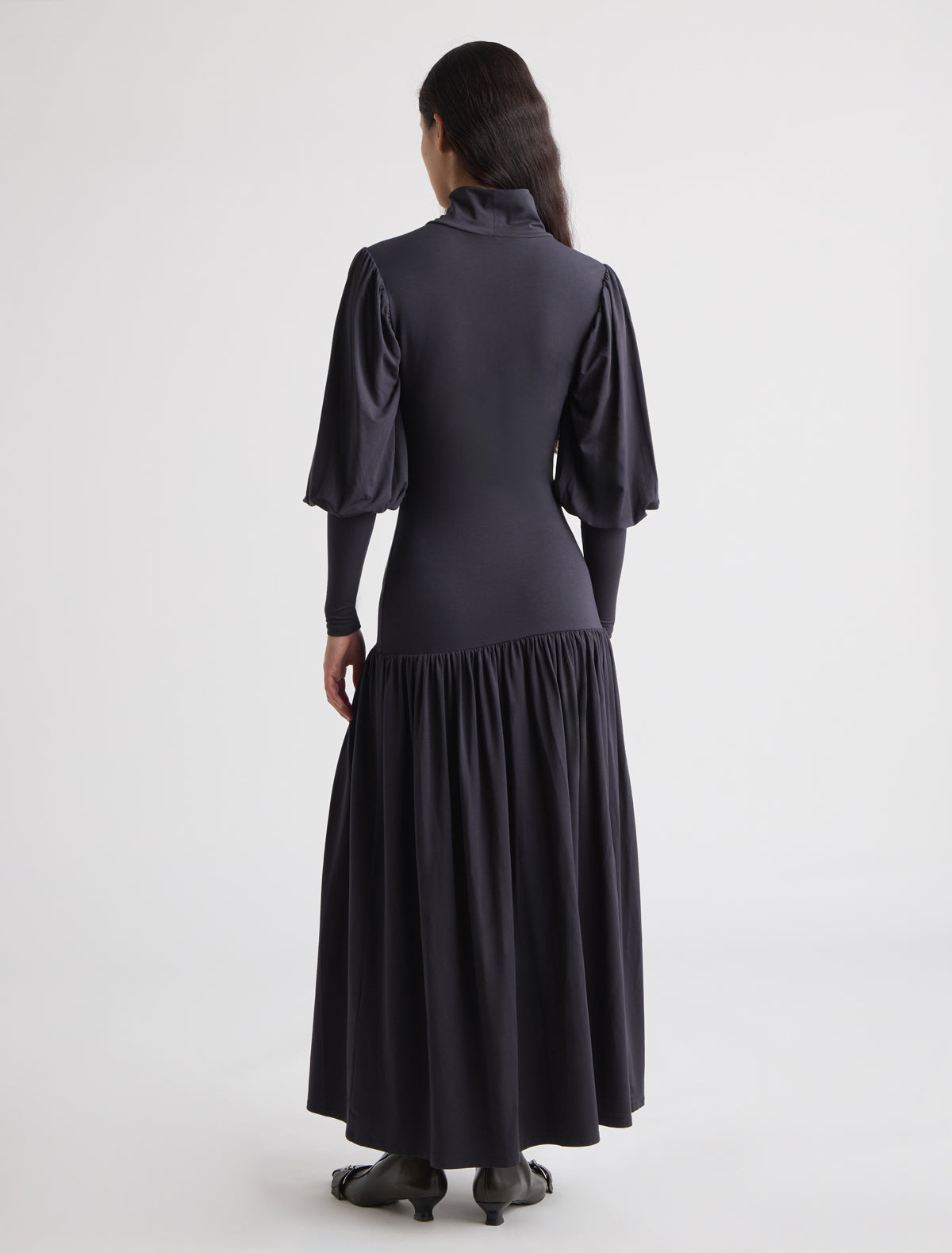 Gamool long high neck dress long puff sleeves