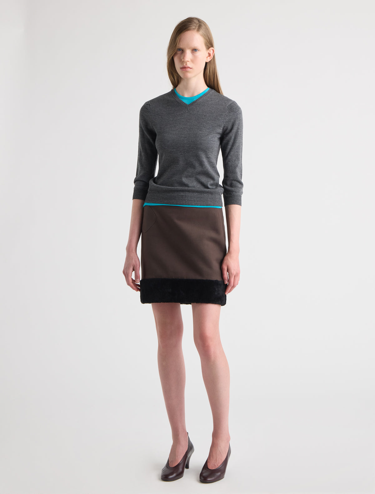 Gual straight canvas mini skirt non removable lamb fur trim hem brown