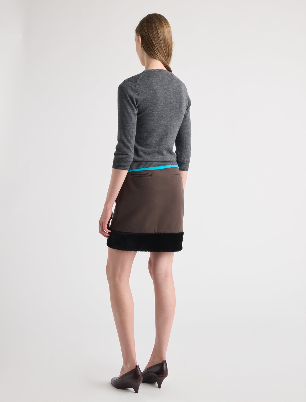 Gual straight canvas mini skirt non removable lamb fur trim hem brown