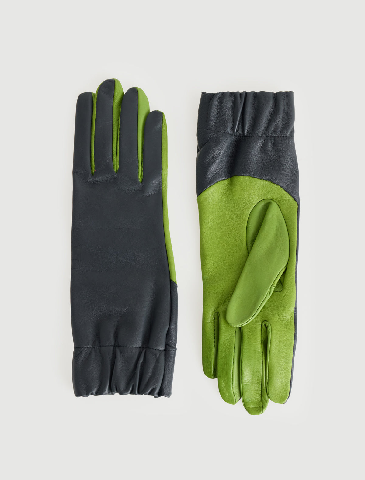 Maribel two tone leather gloves wide elasticated opening green 1