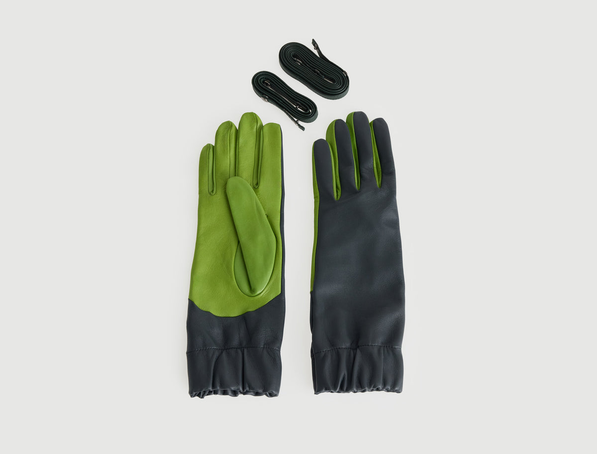 Maribel two tone leather gloves wide elasticated opening green