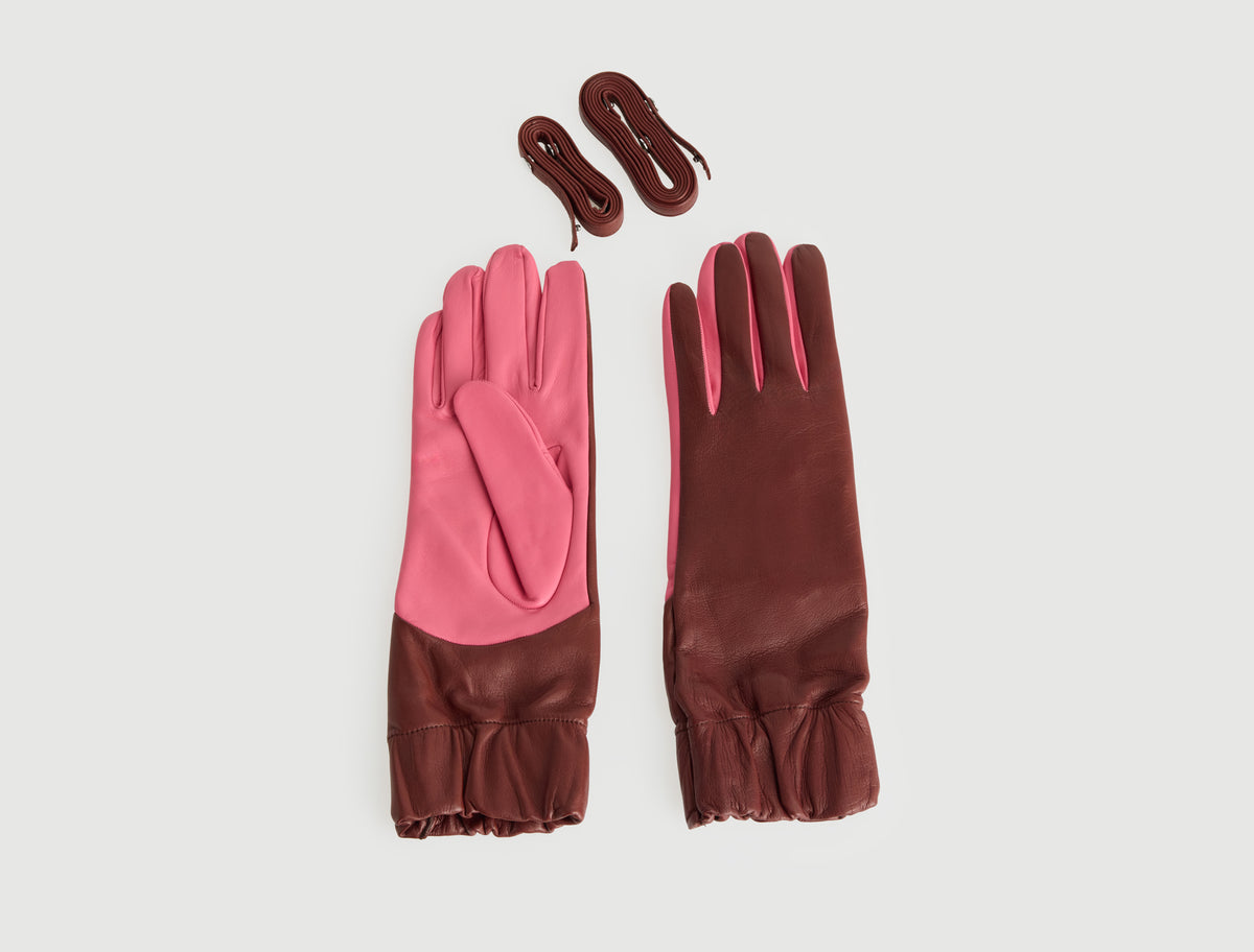 Maribel two tone leather gloves wide elasticated opening pink
