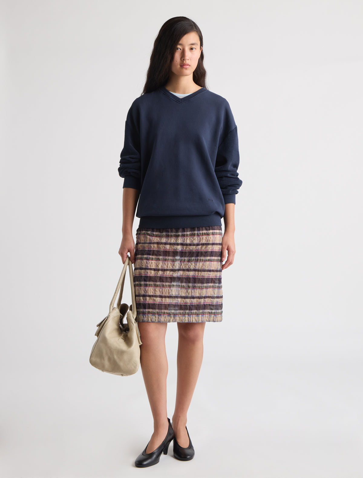 Hoste straight textured checked skirt beige