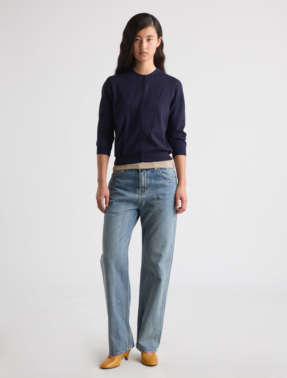 Ibal round neck knitted cardigan sleeves below elbow p w embroidery navy