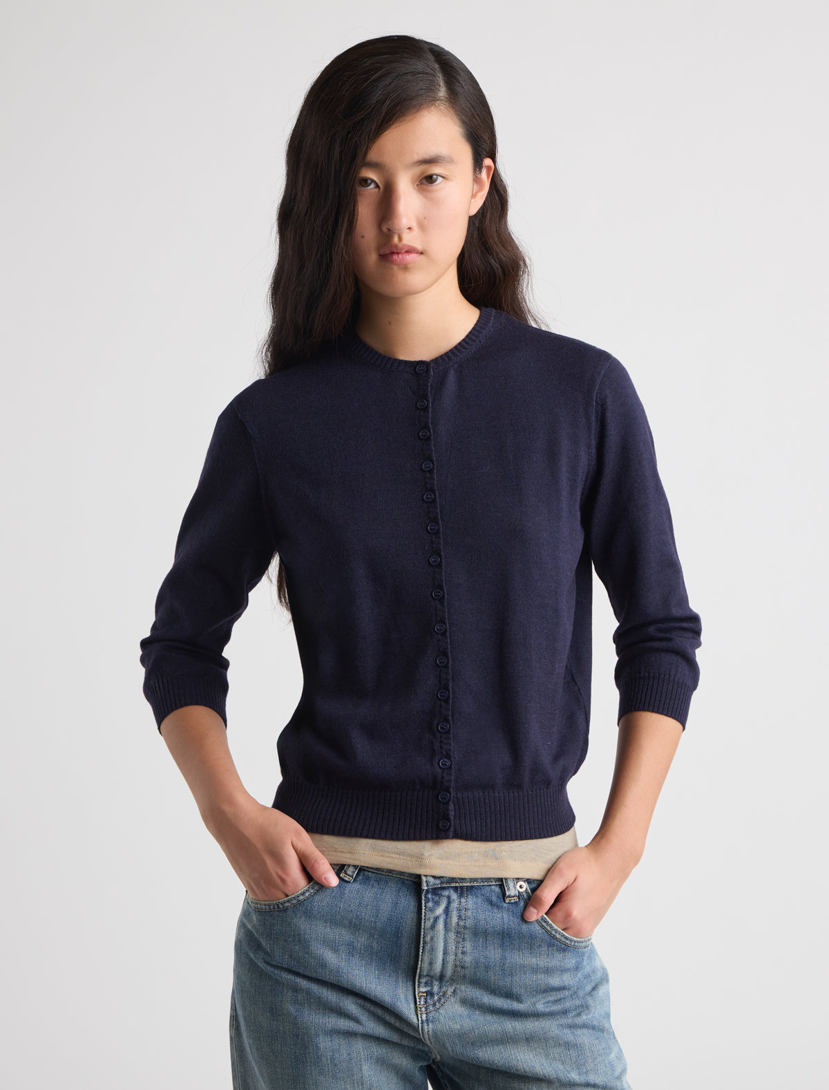 Ibal round neck knitted cardigan sleeves below elbow p w embroidery navy