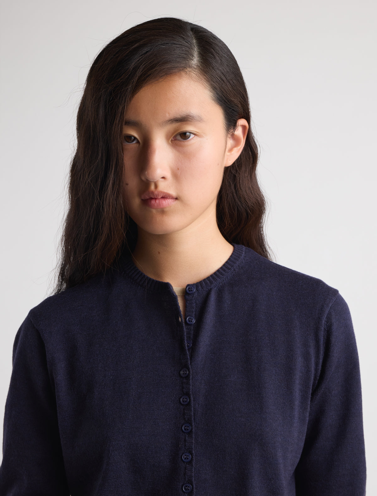 Ibal round neck knitted cardigan sleeves below elbow p w embroidery navy