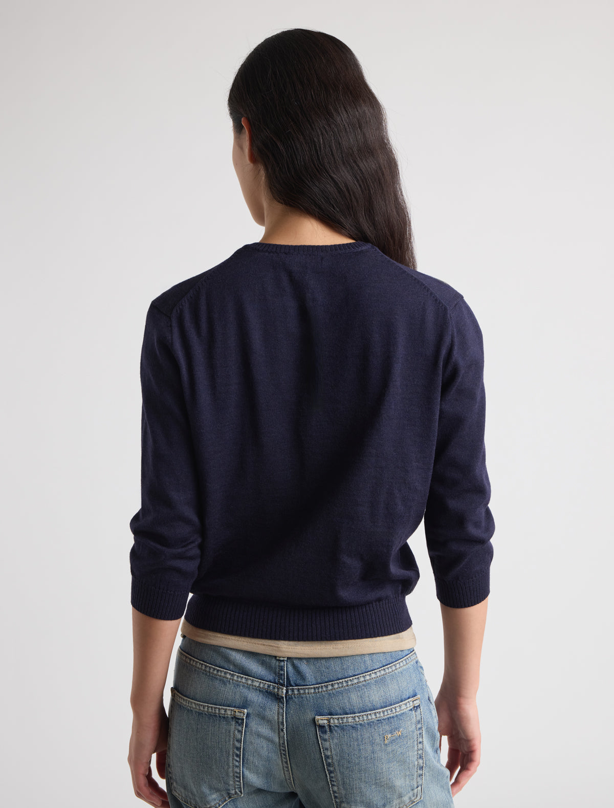 Ibal round neck knitted cardigan sleeves below elbow p w embroidery navy